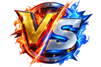 Metallic 3D VS badge with glowing red and blue effects