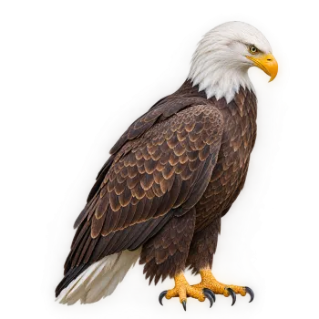 Realistic brown and white bald eagle standing upright with folded wings