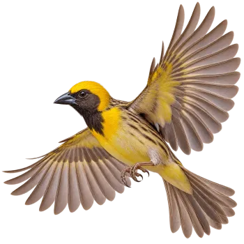 Baya weaver bird flying with fully spread wings isolated on transparent