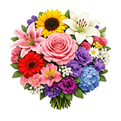 Colorful bouquet of roses, lilies, sunflower, and assorted flowers isolated on transparent background.