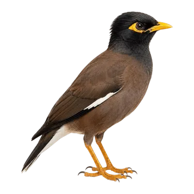 Realistic common myna bird standing and looking right on transparent background