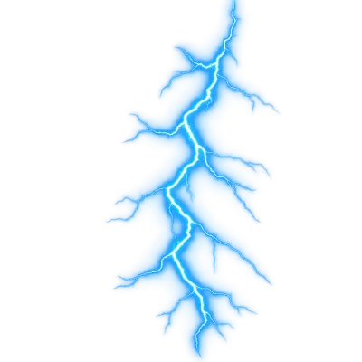 Bright cyan blue electric lightning bolt with sharp branching sparks isolated