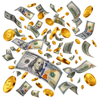 Floating US dollar bills and shiny 3D gold coins isolated on transparent background