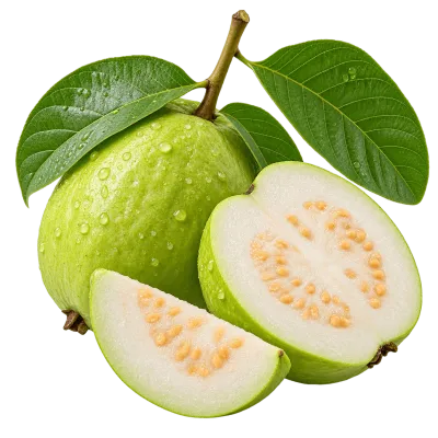 Fresh green guava fruit halves with seeds and leaves isolated on transparent background