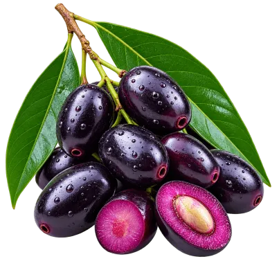Fresh dark purple jamun fruits with green leaves and halved fruit PNG