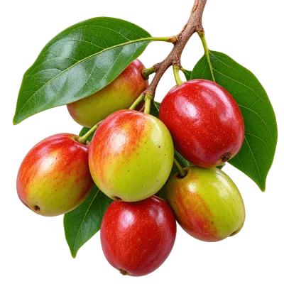 Fresh red and green jujube fruits with leaves isolated on transparent background