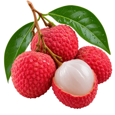 Fresh red lychee fruit cluster with green leaves and peeled lychee PNG