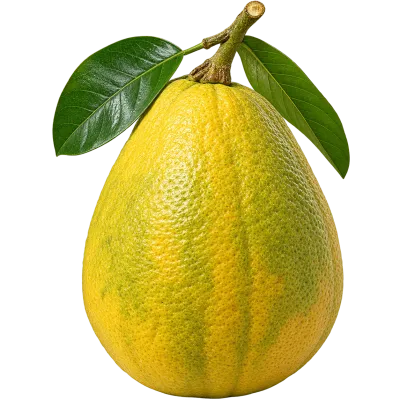 Whole fresh jambura fruit with thick textured yellow-green peel and leaves