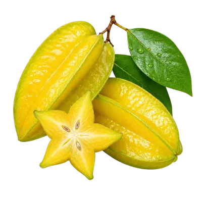 Fresh yellow star fruits with green leaves and sliced carambola PNG