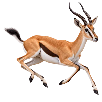 Photorealistic gazelle running with raised legs and curved horns isolated on transparent background