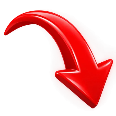 Glossy red 3D curved arrow pointer isolated on a transparent background