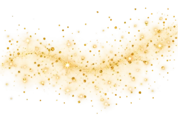 Bright golden glitter particles with sparkling light effects and shimmering starbursts on a transparent background