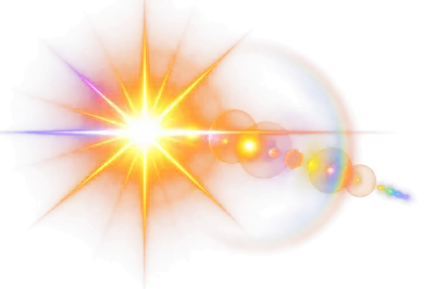 Bright golden lens flare with radial light rays and colorful optical streaks