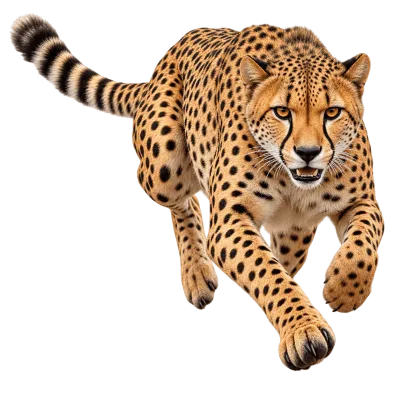 Photorealistic cheetah running forward with full body isolated on transparent background