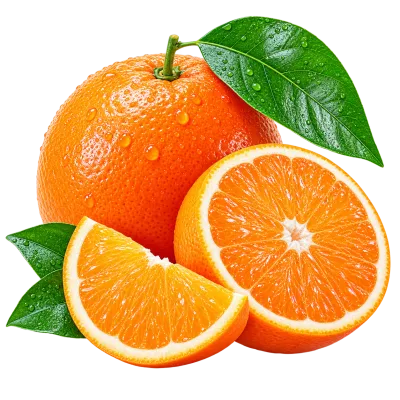 Fresh Orange Fruit Whole Sliced with Green Leaves Transparent PNG Image