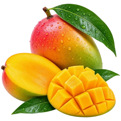 Fresh Ripe Mango Fruit with Slices and Green Leaves PNG
