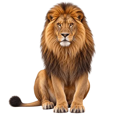 Realistic African lion sitting upright with a detailed golden mane isolated as transparent PNG