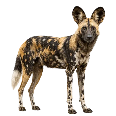 Photorealistic African wild dog standing with large ears and mottled fur