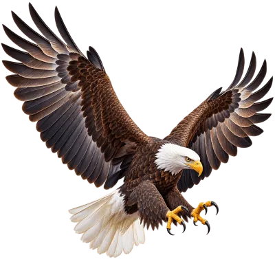 Realistic bald eagle flying with fully spread wings and extended talons