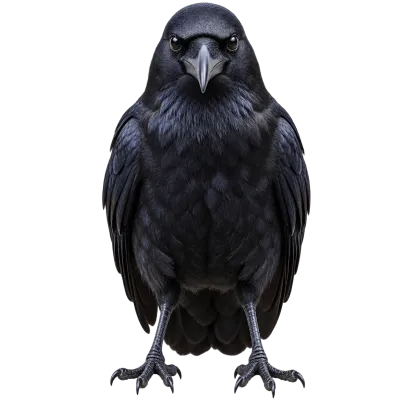 Realistic black crow sitting and facing forward with detailed feathers