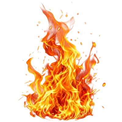 Realistic orange and yellow fire flames with glowing sparks on transparent background