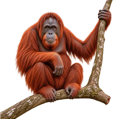 Photorealistic orangutan sitting on a tree branch with reddish orange fur