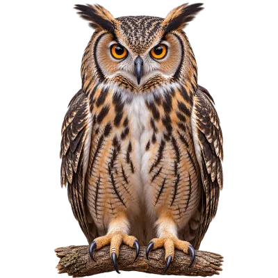 Realistic brown owl sitting on a branch and facing forward
