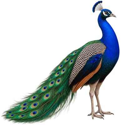 Realistic peacock standing sideways with colorful feathers and long patterned tail