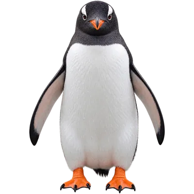 Realistic penguin standing upright and facing forward isolated on transparent