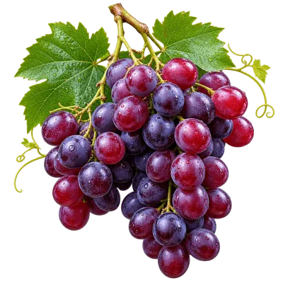 Realistic purple grape cluster with green leaves isolated on transparent background