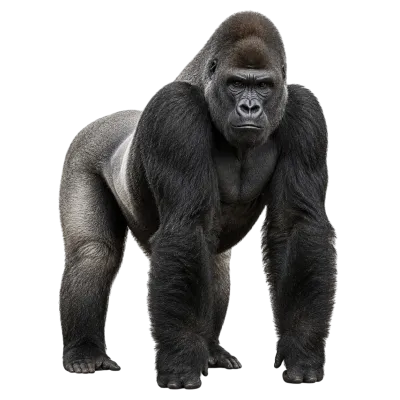 Photorealistic standing silverback gorilla with dark fur and muscular body