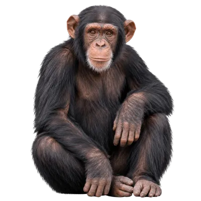 Realistic chimpanzee sitting with detailed dark fur isolated on transparent background