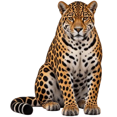 Realistic jaguar sitting upright with full body isolated on transparent background
