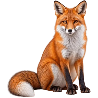 Realistic red fox sitting upright with full body isolated on transparent background