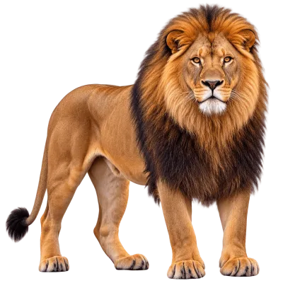 Photorealistic African lion standing on all fours isolated transparent PNG