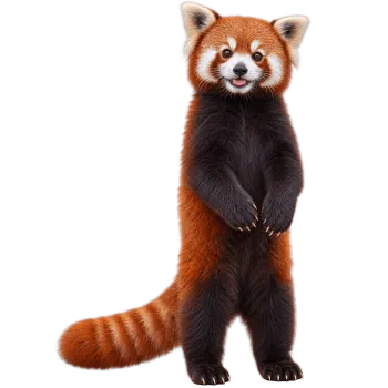 Realistic red panda standing upright with fluffy tail and transparent background
