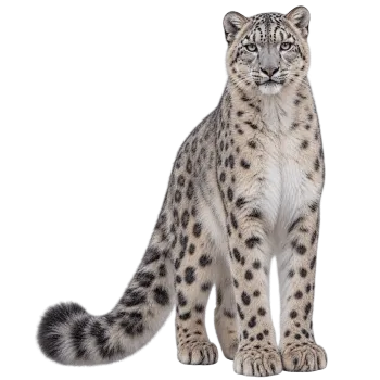 Realistic snow leopard standing upright with spotted fur and long tail