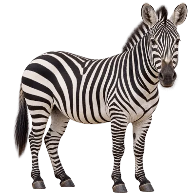 Photorealistic standing zebra with black and white stripes on transparent background