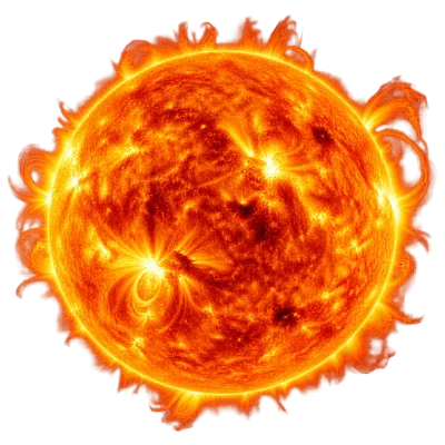 Realistic glowing sun with detailed fiery surface and solar flares