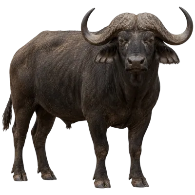 Photorealistic wild buffalo standing with large curved horns on transparent background