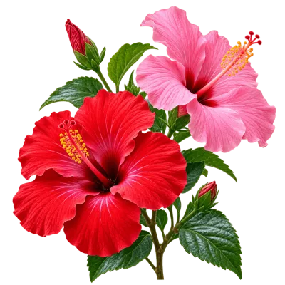 Photorealistic red and pink hibiscus flowers with green leaves isolated on transparent background.