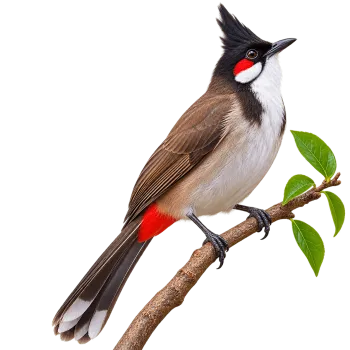 Realistic red whiskered bulbul sitting on a branch and looking slightly upward