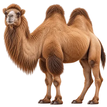 Full body Bactrian camel with two humps standing on transparent background
