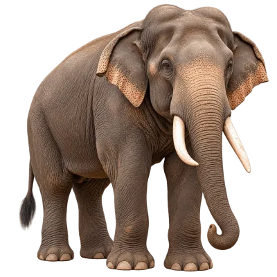 Photorealistic standing elephant with tusks and detailed textured skin on transparent background