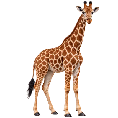 Standing giraffe with brown patterned fur, long neck, and black tail tuft isolated