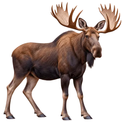 Photorealistic standing moose with massive antlers and brown fur isolated on transparent background