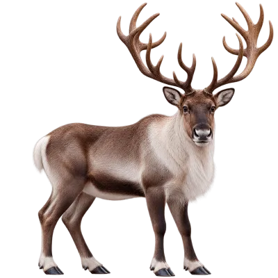 Standing reindeer with large branching antlers and brown white fur isolated on transparent background