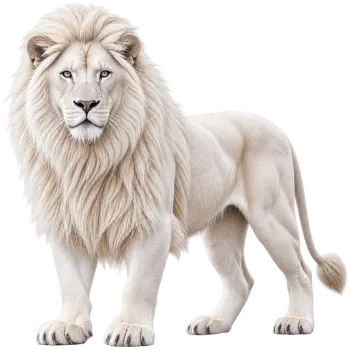 Full body white male lion standing isolated on transparent background PNG