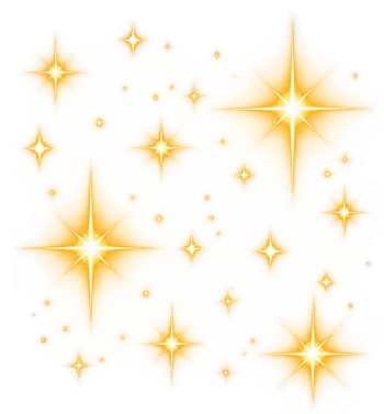 Golden star sparkle and shine effects in various sizes with bright glowing starbursts and transparent background