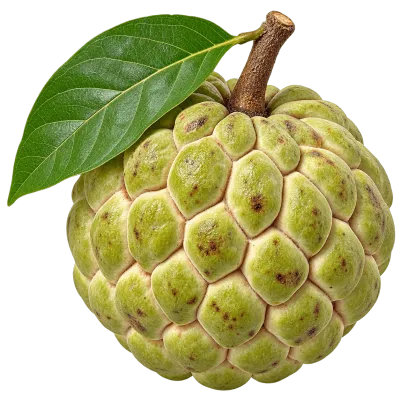 Whole fresh custard apple with green leaf isolated on transparent background